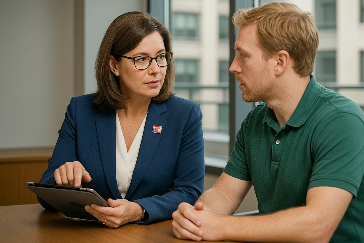 45 year old white woman in blue suit and white blouse with a CCIM pin on her coat lapel facing camera and consulting with a white 35 year old man with blonde hair wearing a green golf shirt