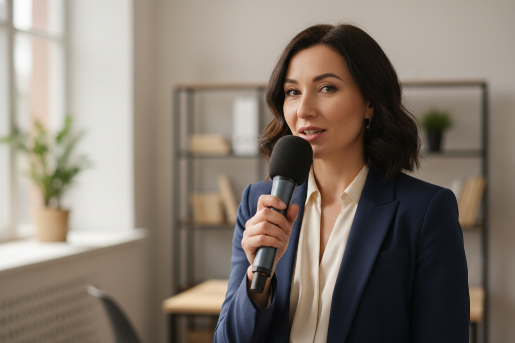 create a bust-style photo type image of a 35 year old woman in business casual attire speaking into a microphone