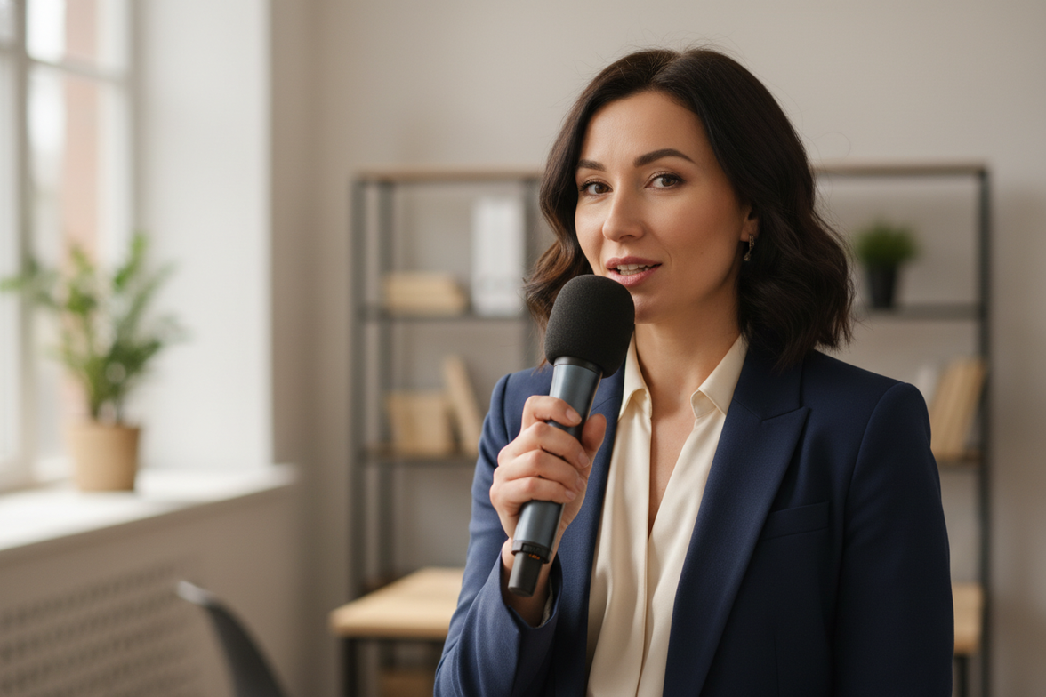 create a bust-style photo type image of a 35 year old woman in business casual attire speaking into a microphone