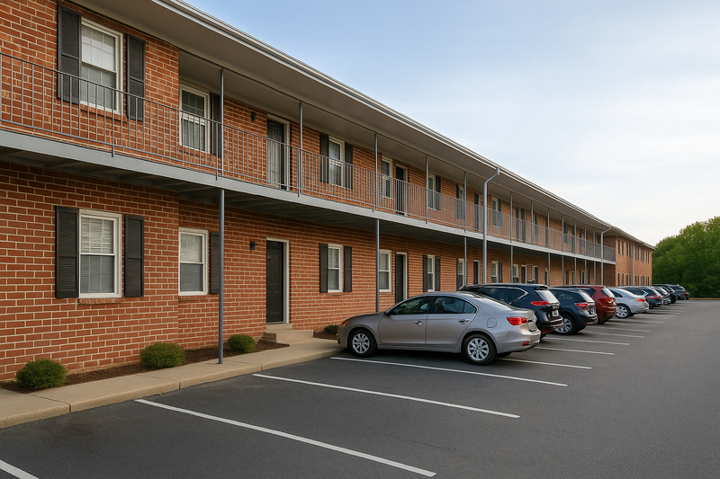 looking down the length of a 2-story brick apartment building with 14 units and angled parking along the length of the building