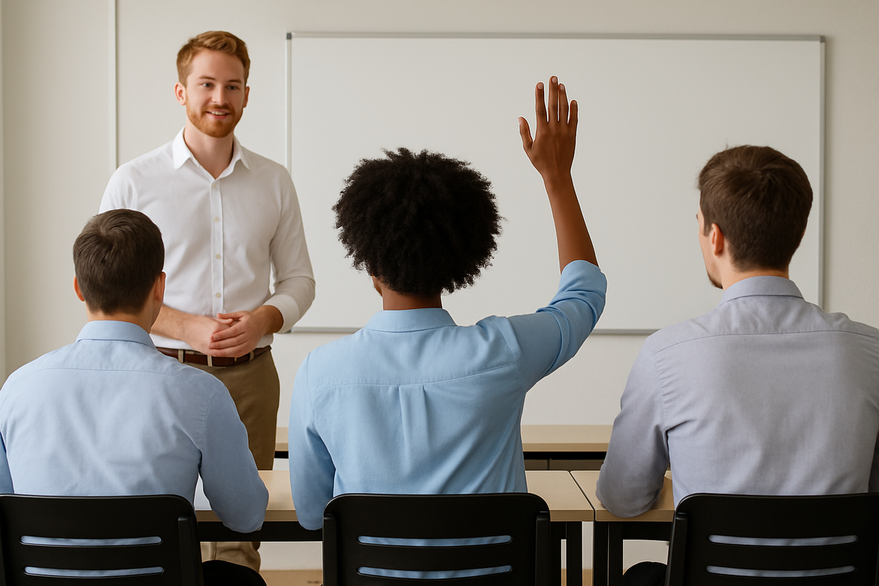 Place male teacher facing camera at far left, white open collar shirt, khaki slacks, red hair, 35 years old