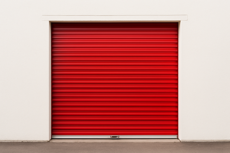 Red self storage roll up door in a white wall