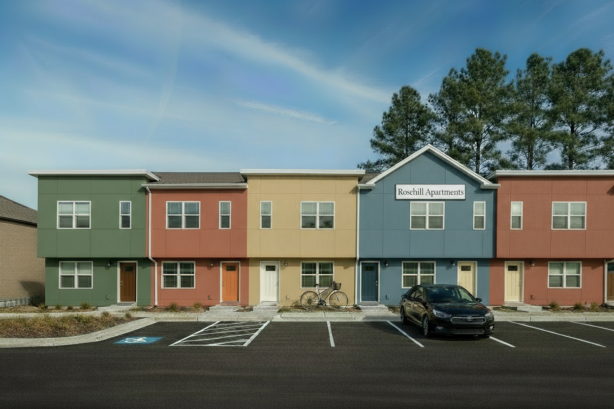 street view looking up towards upper floors of a two-story brick apartment building that fills the bottom 2/3 of the lower right portion of the picture, with a blue sky in the upper left 1/3 portion